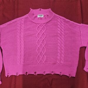 Nyc Knits Sweater Women XL Pink Cropped Distressed Mock Neck Cable Knit Pullover